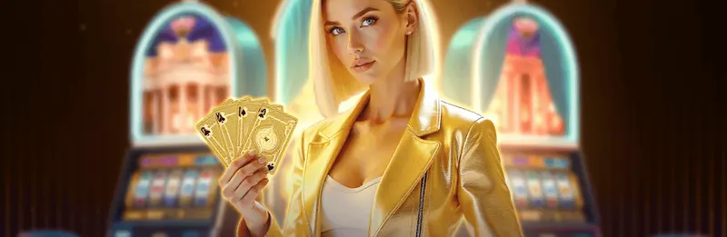 DeeSpin Casino DeeSpin Casino host in a gold jacket holding playing cards in front of pokies machines