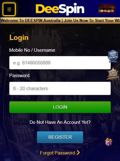 DeeSpin Casino login on mobile DeeSpin Casino login screen with Mobile No / Username and Password fields on a phone